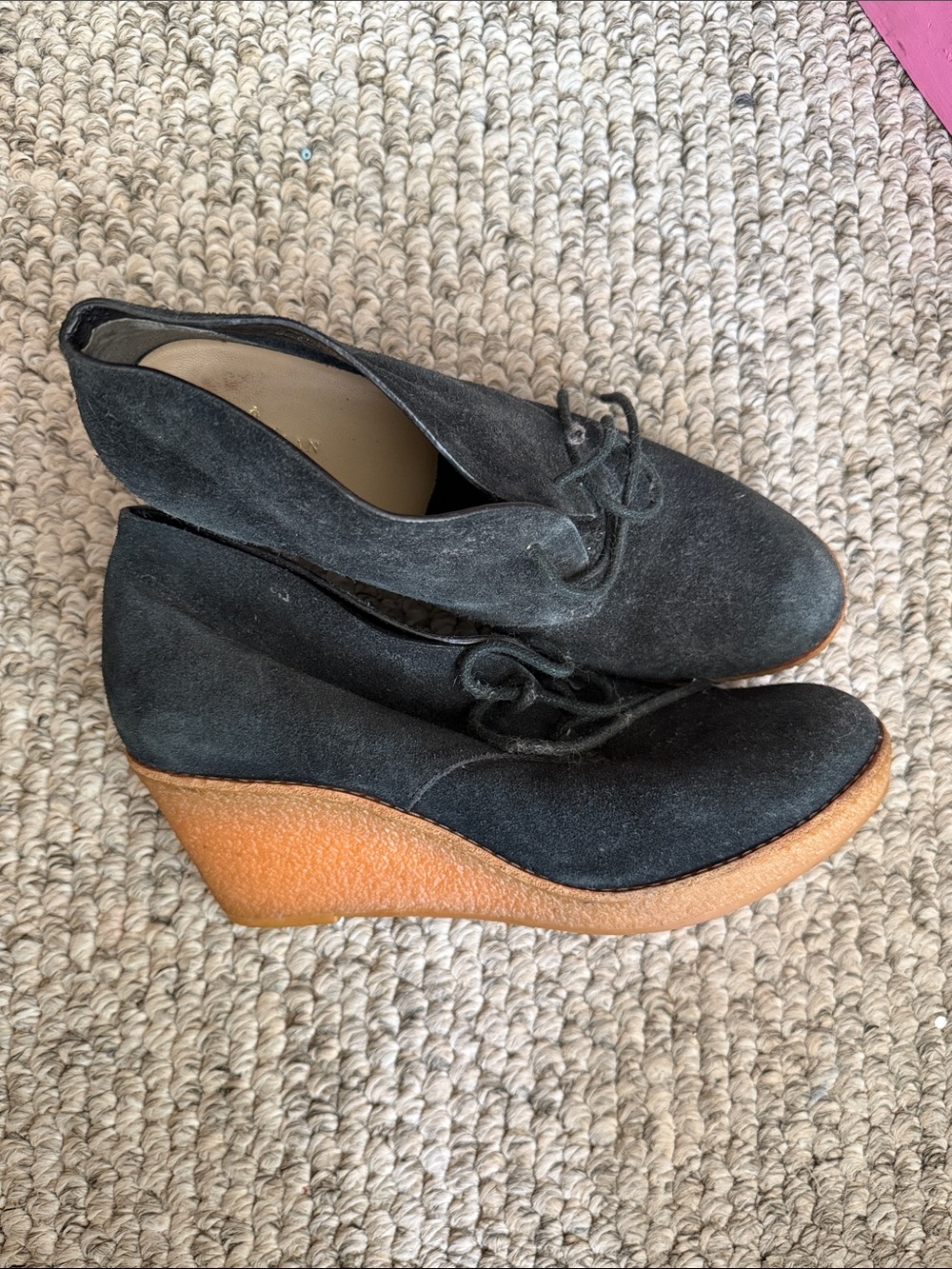 Cole Haan Black Suede Lace-Up Wedge Heels with Tan Cork-Look Sole